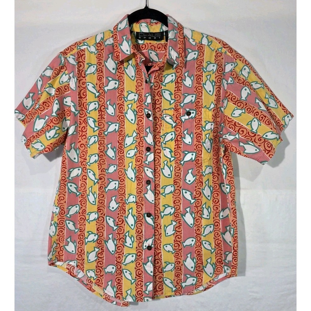 VTG 90s Chaus Sport Button Up Shirt M Coastal Fish Abstract Swirl Print Colorful